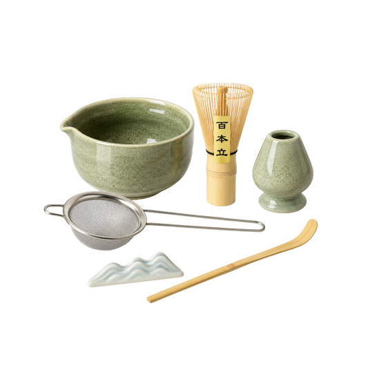 The Complete Ritual 6 piece matcha set: bamboo whisk and scoop, ceramic bowl, whisk holder, scoop rest and sifter